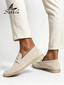 Salkin 奢華時尚設計師男士樂福鞋 圓頭一腳蹬 柔軟仿麂皮素食皮革休閒鞋 莫卡辛鞋 極簡商務正裝鞋 男士舒適日常辦公派對婚禮鞋 情侶約會浪漫晚餐度假禮物 返校學生鞋 學院風，請選擇大一號 - 米色 - 查看 9