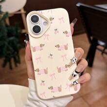 Cute Pink Striped Dachshund Cherry Bow Full Print Phone Case Compatible With Apple 17/17Pro/17ProMax, 16/16Pro/16ProMax/16Plus, 15/15Pro/15ProMax/15Plus, 14/14Pro/14ProMax/14Plus, 13/13Pro/13ProMax, 12/12Pro/12ProMax, 11/11Pro/11ProMax, S22/S23/S24 Ultra, Cream White Lychee Texture Shockproof Soft Shell - Multicolor - View 1