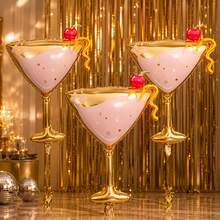3 piezas Globos de papel de aluminio con forma de copa de martini rosa, globos de material Mylar con tallo alto elegante y lazo, adecuados para decoraciones de fiesta de cumpleaños de mujer, aniversario de boda y despedida de soltera - Ver 5