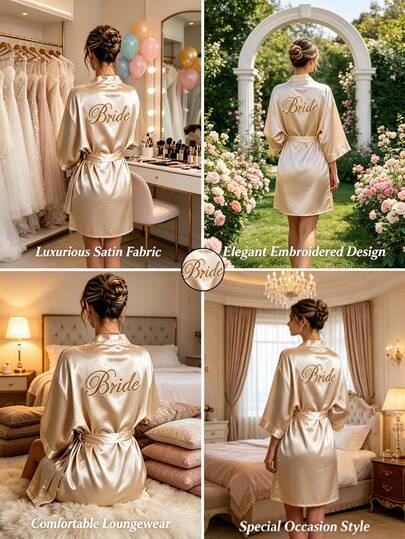 Bestickter Satin-Morgenmantel mit Buchstaben, weiche elegante Braut-Morgenkleidung, lockere lässige Nachtwäsche für Braut & Brautjungfer, vielseitig einsetzbar für Hochzeitsveranstaltungen, Junggesellinnenabschied, Brautparty und Flitterwochen-Fotoshooting, Frühlings- und Sommerparty-Bekleidung & Hochzeitsgeschenk