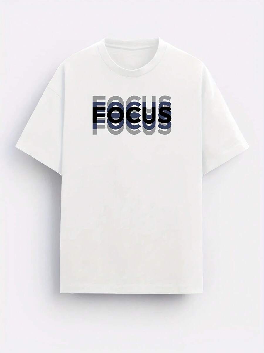 Unisex Letter Print Crew Neck T Shirt,Essential Items For Fashion Lovers!Gradient FOCUS Design,Super Cool Street Style!Simple And Versatile! - 白色 - 查看 1
