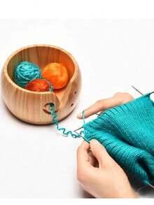 1pc Wooden Yarn Bowl, Knitted Knitting Storage Basket With Handmade Holes To Prevent Slipping, Suitable For Crochet Knitting DIY Art Craft Tools - Multicolor - View 2