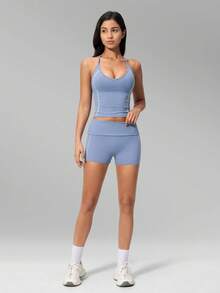 MFVIM Women's New Fashion Yoga Outfit Set, Halter V-Neck Waist-Flattering Slimming Contrast Color Sports Set, Versatile Soft Skin-Friendly Fabric Casual Running Tight Yoga Workout Clothes, Suitable For Daily Commute, Outdoor, Sports, Travel, City Stroll And Various Occasions - Aqua Blue - View 8
