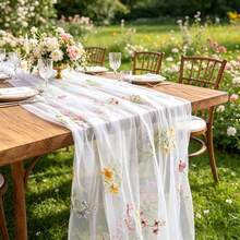3 Pes White Foral Table Runner Of Embroidery Tule Spring Widflower Table Runner Sesonal Summer Buterfly Kichen Dining Gauze Decoration For Baly Shower Weding Party Birthday - Floral Table Runner - View 10