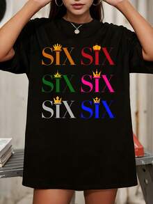 SIX The Musical Six Different Color Matching SIX Letter With Small Crown Six Grid Tiles Solid Black Background Vibrant Musical Theatre Graphic Tee - 黑色 - 查看 1