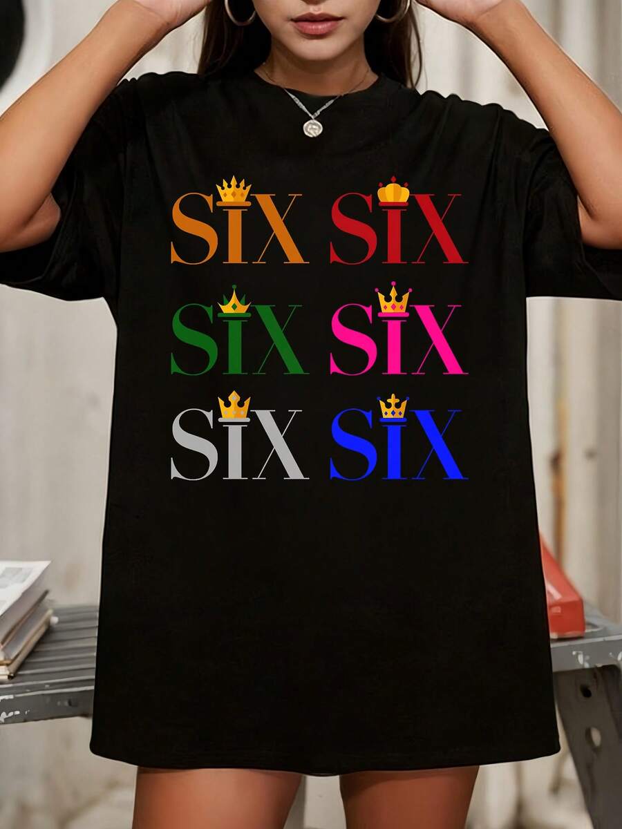 SIX The Musical Six Different Color Matching SIX Letter With Small Crown Six Grid Tiles Solid Black Background Vibrant Musical Theatre Graphic Tee - 黑色 - 查看 1