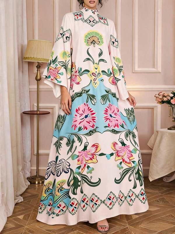 Solessence 復古印花寬鬆長袖洋裝，適合祭典度假婚禮，春季優雅風