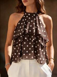 New Women's Polka Dot Halter Neck Chiffon Top, Multi-Layer Ruffle Hem Casual Elegant Sleeveless Top, Festival, Beach Summer - Rust Brown - View 4