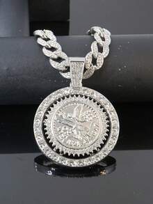 Rhinestone Cuban Chain With Mexican 50 Pesos Angel Coin Pendant, Hip Hop Shiny Crystal Necklace, Unisex - Rotating Angel Pendant Necklace - View 6