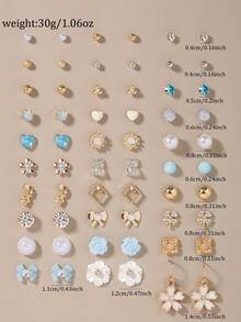 30 Pairs Fashion Minimalist Women's Exquisite Stud Earrings, Bowknot, Flower, Heart-Shaped Assorted Earrings Set For Daily, Casual, Outing And Date Wear - Multicolor - View 5