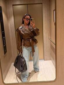 Spring/Summer New Long Sleeve Lapel PU Leather Premium Casual Cinched Waist Commuter Motorcycle Jacket Top - Khaki - View 4