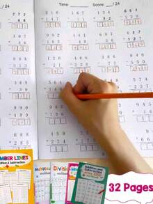 1 Book 32 Pages Addition Subtraction Multiplication Division Practice Book Within 1000, Math Learning Workbook, Math Activity Worksheet - Multicolor - View 1