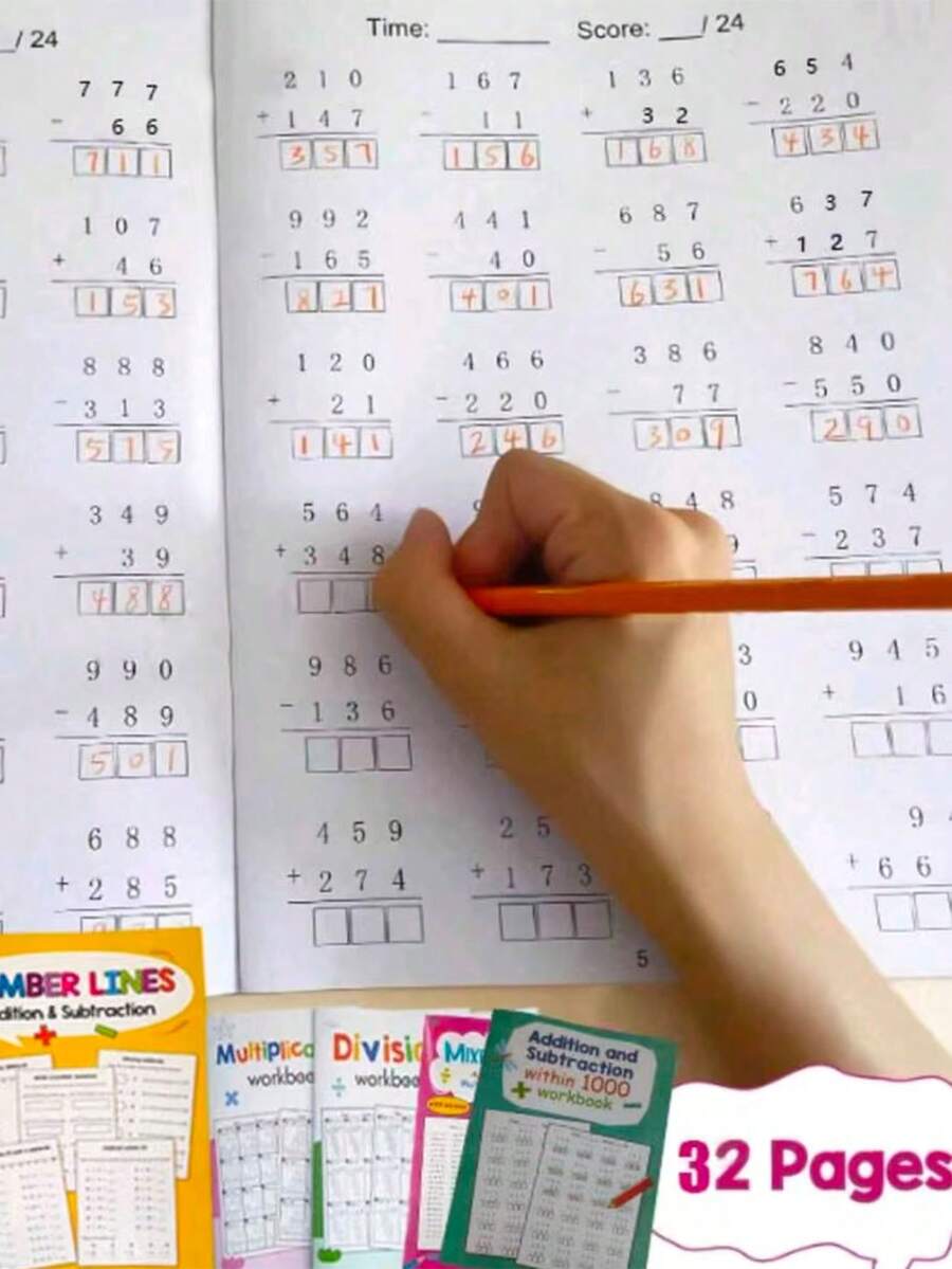 1 Book 32 Pages Addition Subtraction Multiplication Division Practice Book Within 1000, Math Learning Workbook, Math Activity Worksheet - Multicolor - View 1