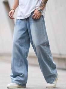 Men's Loose Fit Casual Straight Leg Jeans, Relaxed Street Style, Fashion Leisure Pants (Globally Applicable), Loose Fit - Medium Wash - View 6