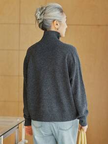 女款舒適羊毛鈕扣領毛衣，時尚立領針織上衣，適合萬聖節、感恩節、聖誕節假期穿搭 - 深灰色 - 查看 4