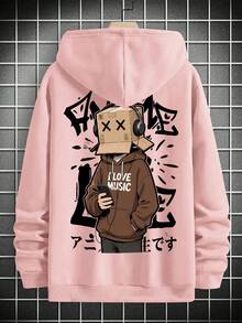 Niche Anime Healing Cardboard Man Listening To Music Japanese Graffiti Pattern Hoodie, Men's Casual Streetwear Loose Fit Basic Top - Pink - View 4