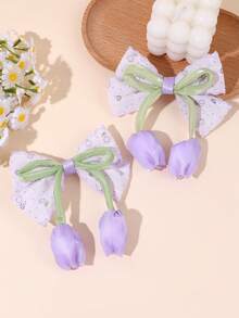2pcs Pink Tulip Girl Bow Hair Clips, Satin Wavy Lace Edge Bow Hair Clips, Cute Flower Hair Accessories, Suitable For Daily Party Children Hair Accessories - Purple - View 3