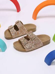 1 Pair Girls' Gradient Glitter Rose Gold Double Strap Slip-On Fashion Sandals, Suitable For Home, Walking And Playing - Rose Gold - View 3