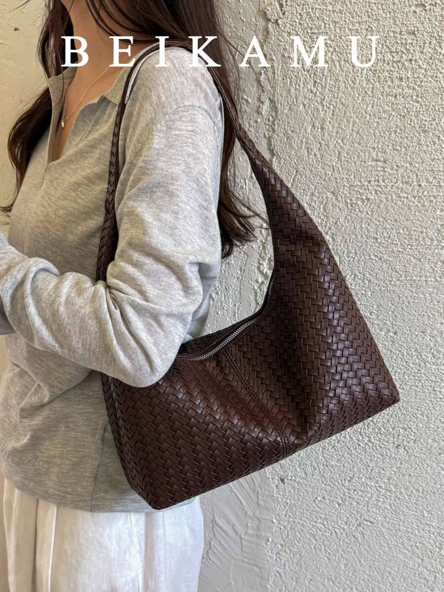 Fashion Solid Color PU Women's Shoulder Bag, Zipper Closure Versatile Crescent Bag Underarm Bag, Suitable For University, Commuting, Minimalist, Purse - Coffee - View 1