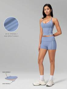 MFVIM Women's New Fashion Yoga Outfit Set, Halter V-Neck Waist-Flattering Slimming Contrast Color Sports Set, Versatile Soft Skin-Friendly Fabric Casual Running Tight Yoga Workout Clothes, Suitable For Daily Commute, Outdoor, Sports, Travel, City Stroll And Various Occasions - Aqua Blue - View 5