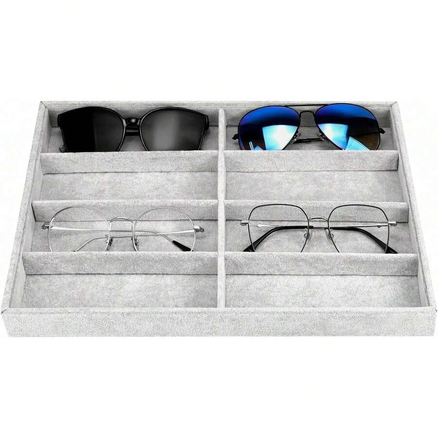 8-Fach Samt Brillen Aufbewahrungsschale – Stapelbarer Sonnenbrillen Organizer, Uhren & Schmuck Displayständer, Schubladen Organizer, Grau - Übersicht 1