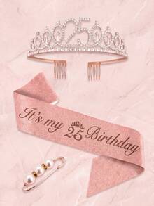 3rd To 100th Milestone Birthday Tiara & Sash Set With Pearl Brooch, Rose Gold Crystal Crown, Birthday Party Decorations Gift For Women & Girls - Multicolor - View 30