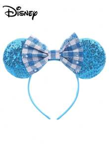 1pc Disney Mickey Black Plaid + Blue Plaid Sequin Headband, Mickey Black Plaid + Blue Plaid Sequin Headband - Holiday Party Headband, Hair Accessory, Fun Photo Prop, Amusement Park Accessory, Suitable For Birthday Party And Valentine's Day Events, With Bow Cute Cartoon Hair Accessory, Princess Costume Accessory, Suitable For Disney Fans - 1 YEAR - View 4