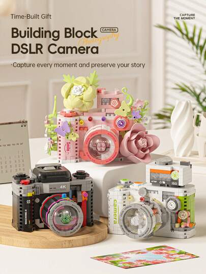3er-Pack 500+ Mikro-Partikel Mini-Kamera Modellbaukasten Spielzeug Set, ABS-Material, Kamera mit floralen Elementen dekoriert, rationales Schreibtisch-Ornament, Geburtstags-/Weihnachtsgeschenk, kleines Geschenk zum Schulanfang