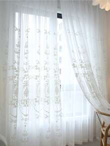 1pc White Floral Embroidered Sheer Curtain, Luxury Style Faux Linen Material Embroidered Sheer Curtain, Suitable For Living Room, Bedroom Windows And Door Decoration, Curtain Rod Not Included - White - View 6
