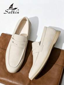 Salkin 奢華時尚設計師男士樂福鞋 圓頭一腳蹬 柔軟仿麂皮素食皮革休閒鞋 莫卡辛鞋 極簡商務正裝鞋 男士舒適日常辦公派對婚禮鞋 情侶約會浪漫晚餐度假禮物 返校學生鞋 學院風，請選擇大一號 - 米色 - 查看 10