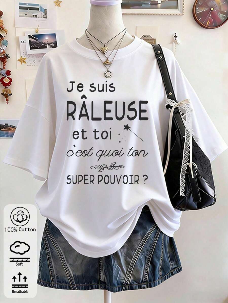 T-shirt da donna in stile slogan divertente per primavera/estate con citazione francese "Je Suis RÂLEUSE Super Pouvoir", maniche corte, casual, in cotone, top grafico parigino e sb - Bianco - Visualizzare 1