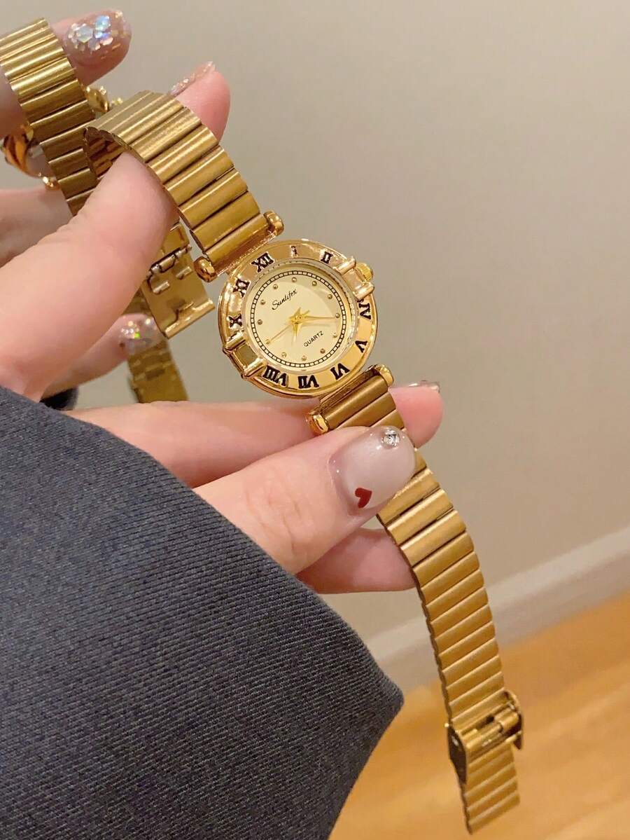 1件女款橢圓形銀黑方框金色錶盤石英休閒手錶,適合日常配戴 - 金色 - 查看 1