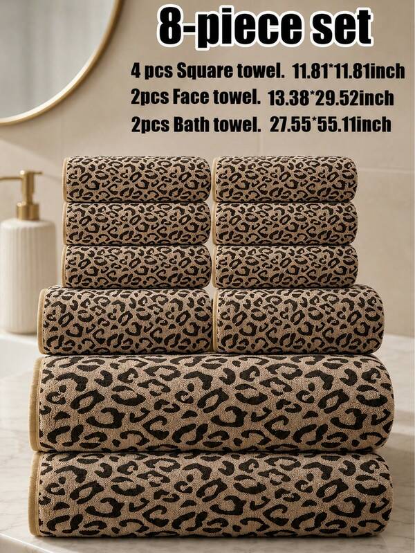8-Piece Set - Luxury Leopard Print Coral Fleece Towel Set, Soft Skin-Friendly Absorbent Quick-Drying, Ideal For Home Bathroom And Spa Decor