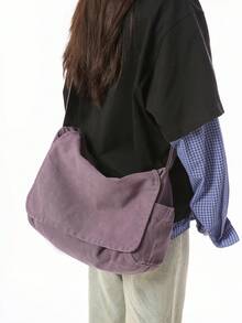 Minimalist Solid Color Versatile Thick Canvas Fabric Crossbody Bag Shoulder Bag Zipper Closure Adjustable Strap - Purple - View 3