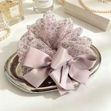 1PC Women's Double Layer Mesh Floral Scrunchie, Satin Bow Patchwork Design, Suitable For Thick Long Hair, Gentle French Coquette Sweet Style, Can Be Used For Daily Hair Styling, Commuting, Dating Afternoon Tea, Outdoor Travel Photography, Creating A Fairy-Like Atmosphere Hair Accessory - Multicolor - View 7
