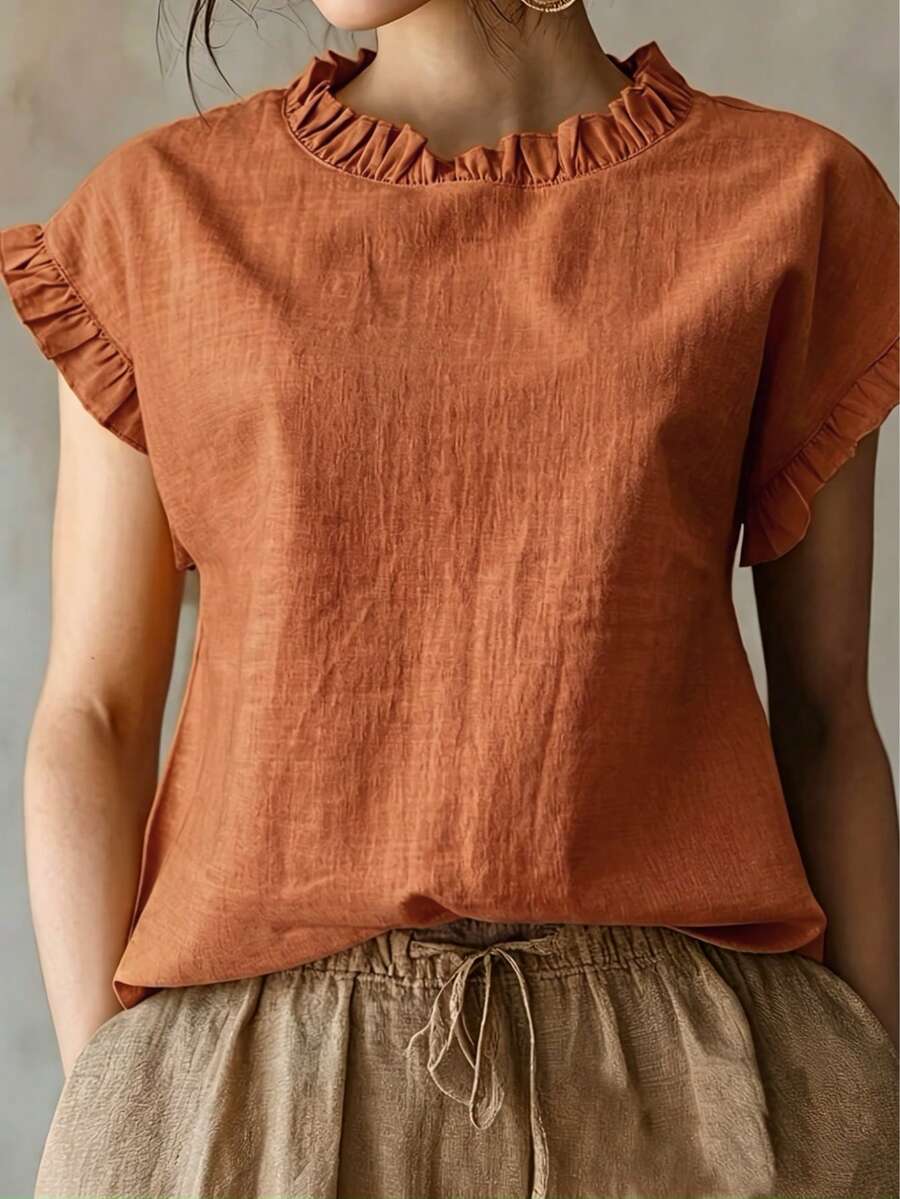 女款優雅度假風法式復古百搭短袖襯衫,荷葉邊圓領喇叭袖上衣,寬鬆修身夏季森女風上衣 - 焦糖橘 - View 1