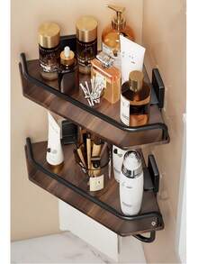 1pc No-Drill Bathroom Shelf, Wall-Mounted Wood Grain Bathroom Storage Rack With Hooks And Towel Bar, Toiletry Organizer - Multicolor - View 3