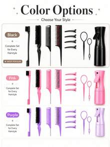 Hair Styling Tool Set (Includes Spray Bottle, Rat Tail Comb, Hairline Comb And Sectioning Clips) Lightweight Accessory Set, Suitable For Daily Updo, Bun, Sectioning And Smoothing Hairstyles - Black - View 2