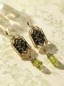 1 Pair Vintage Art Deco Style Green Crystal Pendant Earrings, Bohemian Metal Floral Rhinestone Frame Teardrop Dangle Earrings, Women's Retro Aesthetic Daily & Party Ear Accessories - Green - View 3