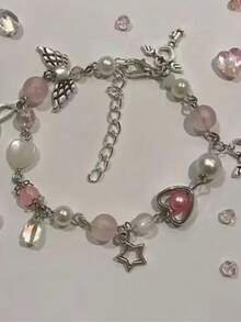 1pc Fashionable Handmade Beaded Bracelet With Wing, Lock, Key And Music Note Pendants, For Women, Daily/Beach Wear - Pink - View 5