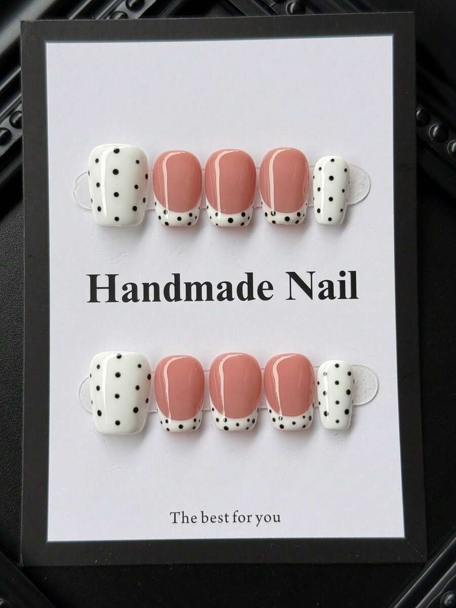 10pcs Short Square Handmade Press-On Nails, Cute Nude Color With Classic French Tip And Polka Dot Design, Smooth Glossy Acrylic Fake Nails Set, Suitable For Women's Daily Wear - Multicolor - View 1