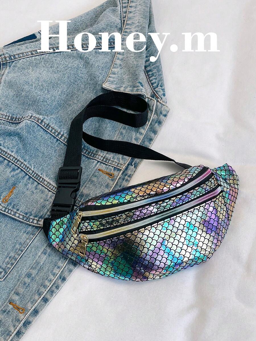 New Fashion Fish Scale Colorful Women's Waist Bag/Crossbody Bag/Chest Bag, New Waist Bag, One Shoulder Crossbody Bag, Fashion Chest Bag, Unisex, Suitable For Travel, Beach, Seaside, Cycling, Hiking, Outdoor Activities, Sports, Fitness, Travel Bag, Women's Essential Travel Waist Bag, Running, Hiking Waist Bag, Mother's Day Gift, Holiday Gift - Multicolor - View 1