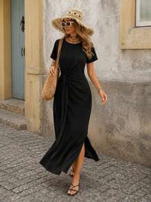 Women's Navy Blue Side-Tie Midi Dress - Short-Sleeve Crewneck Ruched Maxi Dress With Side Slit For Office, Elegant Dinner Date & Casual Smart Outfits - Black - View 4