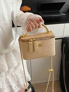 1pc Minimalist Casual Versatile Woven Straw Lunch Box Bag, Small Chain Shoulder Crossbody Bag - 卡其色 - 查看 6