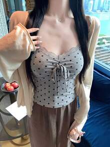 Polka Dot Design Cropped Camisole Tank Top, Summer Innerwear, Slim Fit, Flattering, Versatile Backless Top Casual - Grey - View 5