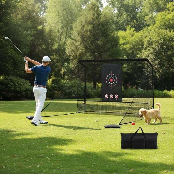 Golf Practice Hitting Net Golf Cage With Dual Side Barriers Target Cloth Metal Frame