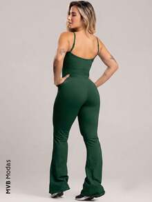 Fitness Jumpsuit With Flare Leg And Adjustable Straps, Polyamide, MVB Modas - 軍綠色 - 查看 3