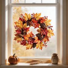 Thanksgiving Theme Autumn Decoration, Featuring A Harvest Wreath With Red-Orange Gradient Maple Leaves, Plump Red Berries And Pinecones, Beautiful Stickers - Autumn Wind - View 6