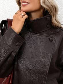 Women's Casual Fashion Black Leather Jacket Long Sleeve High Neck Loose Fit Outerwear Autumn Street Style - Coffee Brown - View 8