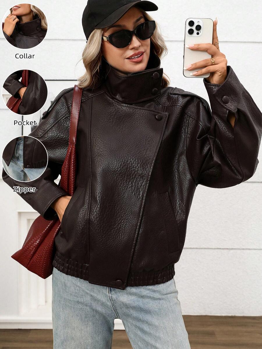 Women's Casual Fashion Black Leather Jacket Long Sleeve High Neck Loose Fit Outerwear Autumn Street Style